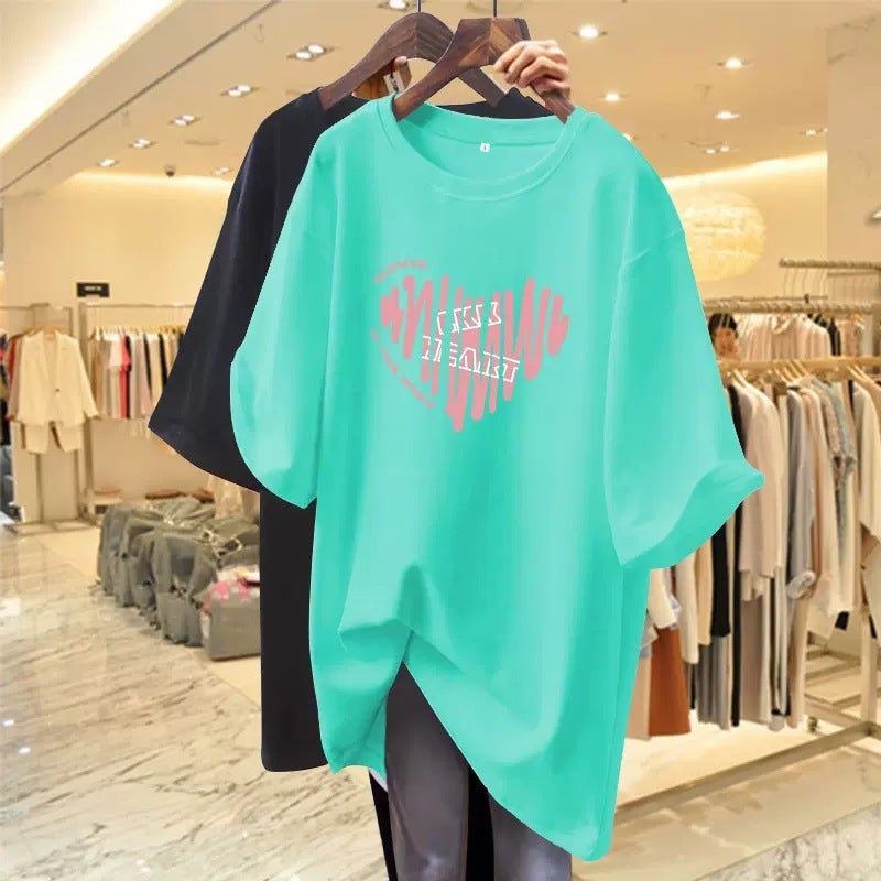 Pink T-shirt Women's Summer Short-sleeved 2023 New Love Mid-length Loose European T-shirt Top Clothes Ins Trendy - Image 1