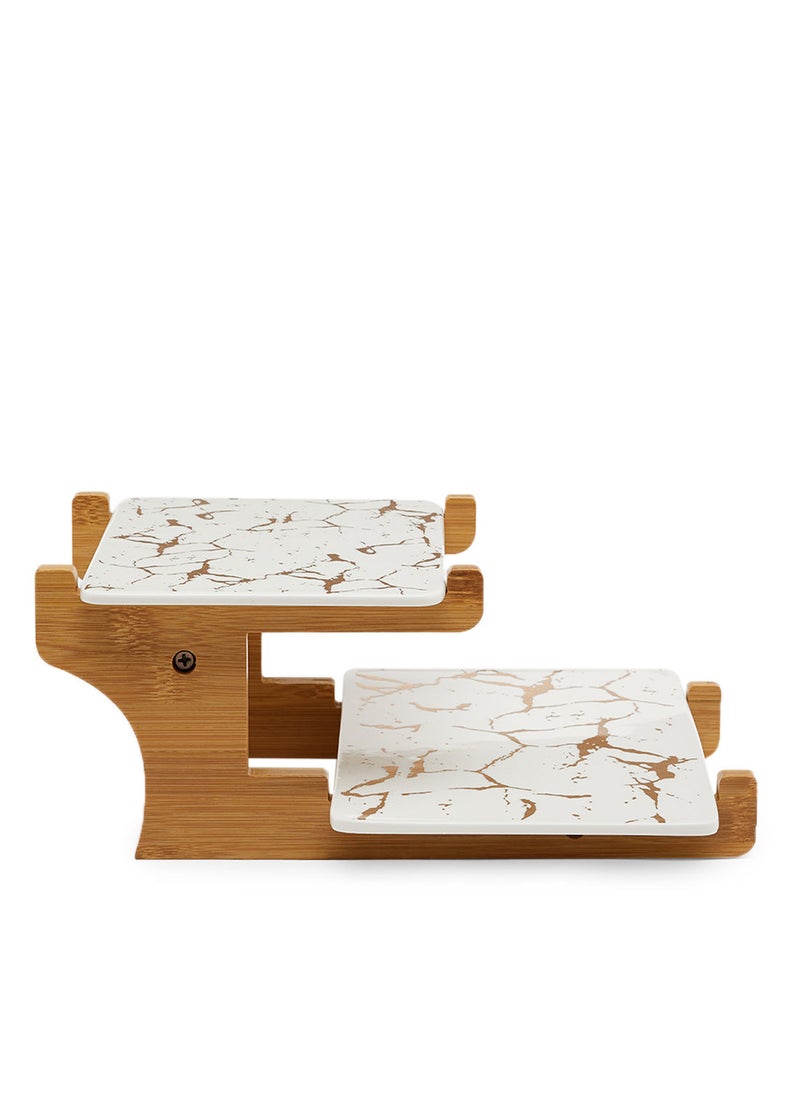 Simply Kitchen Cake Platter With Bamboo Tray S/2 White/Gold  - Image 3