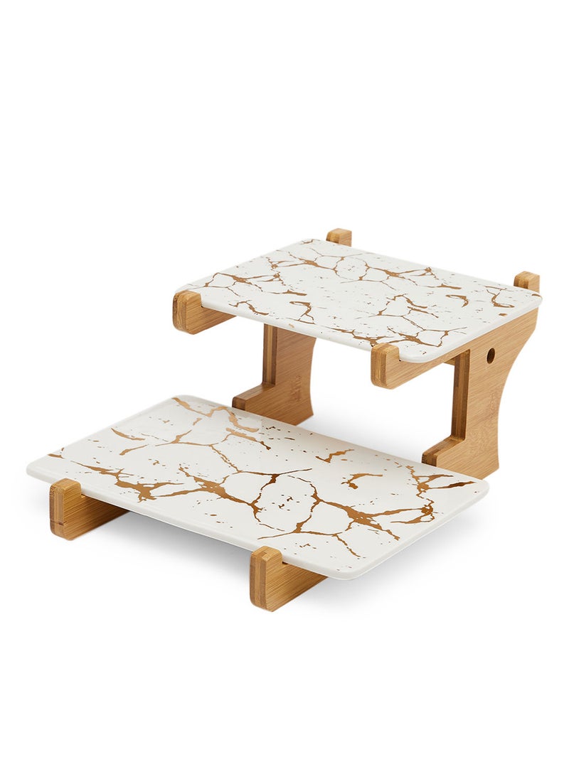 Simply Kitchen Cake Platter With Bamboo Tray S/2 White/Gold  - Image 2