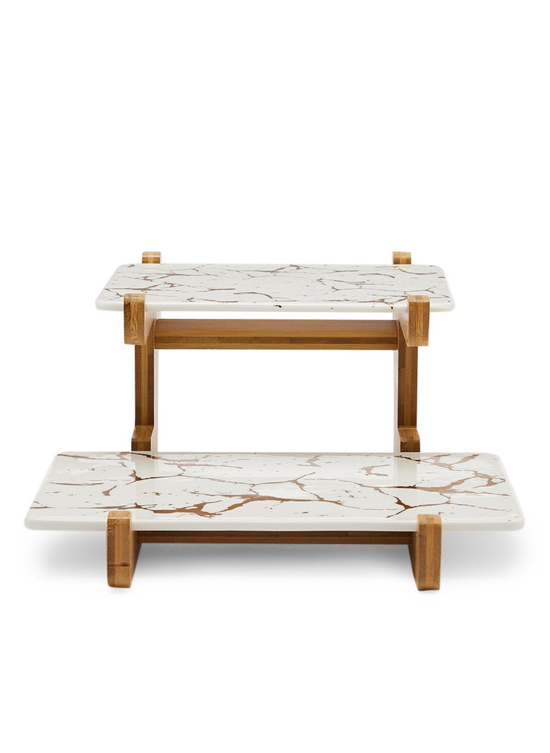 Simply Kitchen Cake Platter With Bamboo Tray S/2 White/Gold  - Image 1