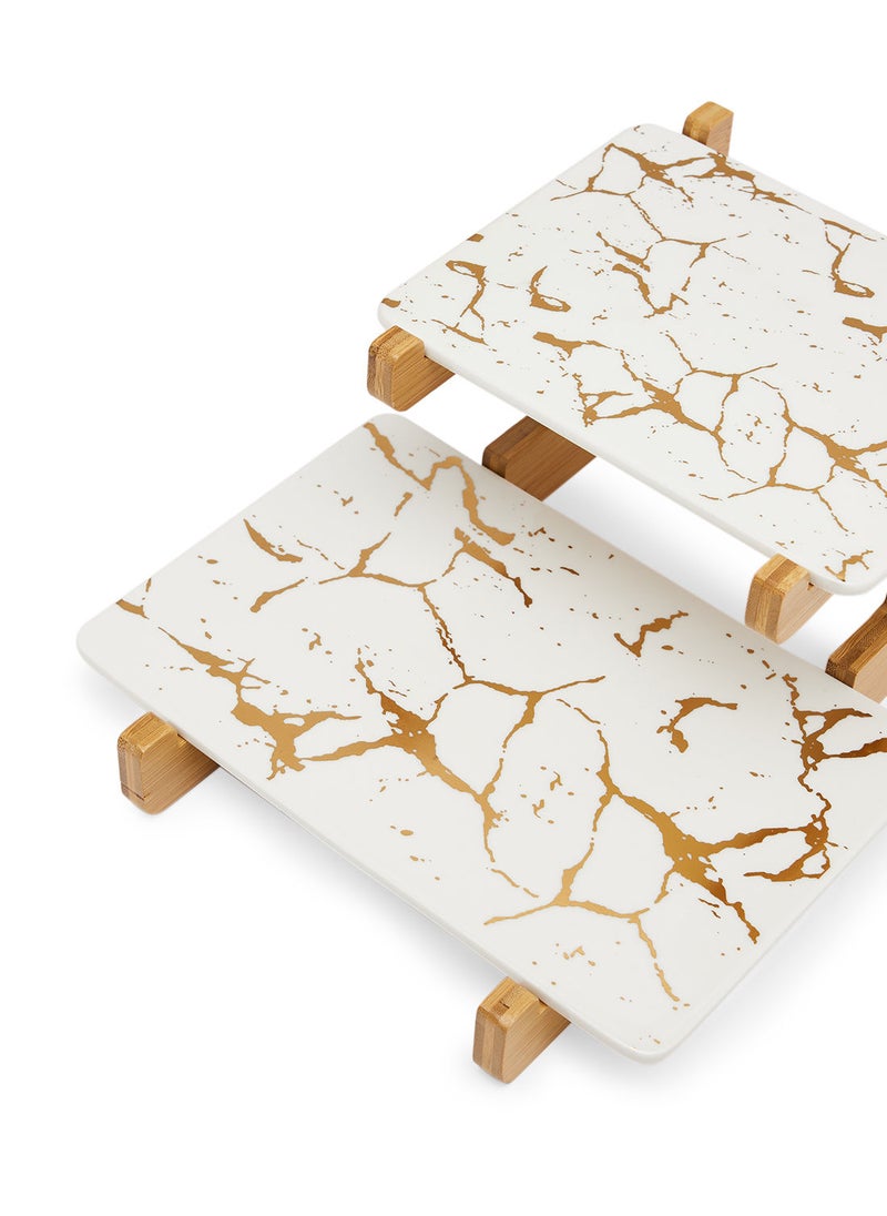 Simply Kitchen Cake Platter With Bamboo Tray S/2 White/Gold  - Image 5