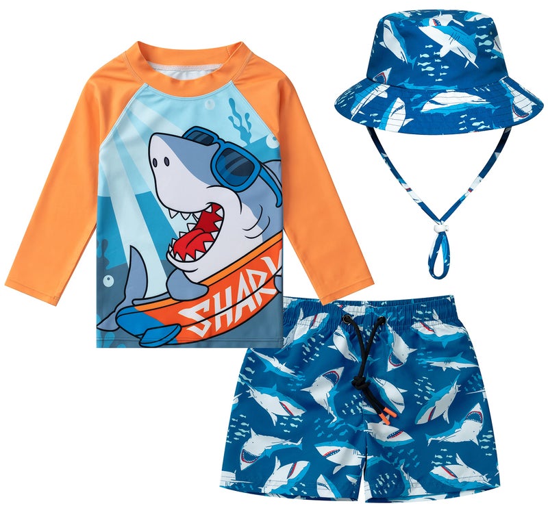 SGMWVB Toddlers and Baby Boys' 3-Piece Swimsuit Trunk Rashguard Set and Sun Hat Swimwear Bathing Suit Sunsuit Swim Shirt UPF 50+ Orange Shark 9-12 Months - Image 5