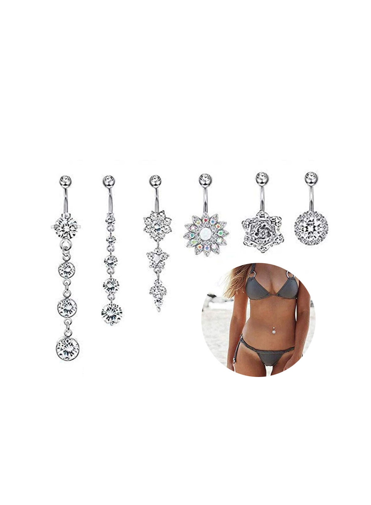6-Pieces Belly Button Rings Long Dangle for Women 316L Surgical Steel Cute Navel Rings 