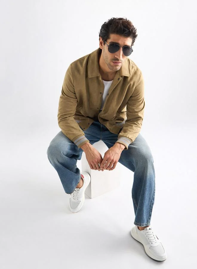 سبلاش فيڤ جاكيت مخطط بأكمام طويلة وأزرار إغلاق وياقة عادية