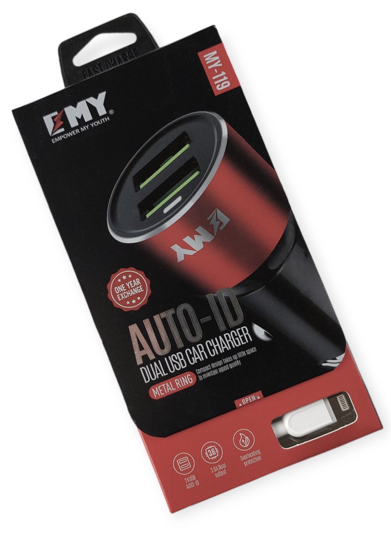 EMY Dual USB Car Charger - 2 Ports - 3.6A Output With Lightning Cable - Image 3