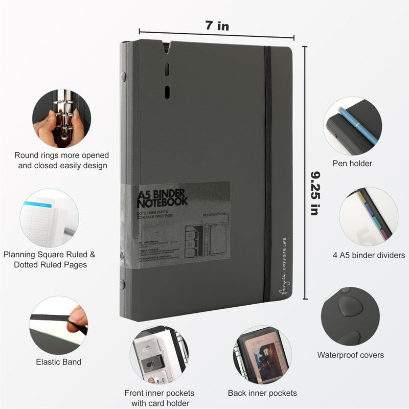 CAGIE CAGIE A5 Binder 6 Ring Binder Notebook with Dividers Refillable Planner Binder with Pockets, A5 Refill Paper Include Planning Square Ruled and Dotted Pages, 7 x 9.25 in, Dark Grey  - Image 2