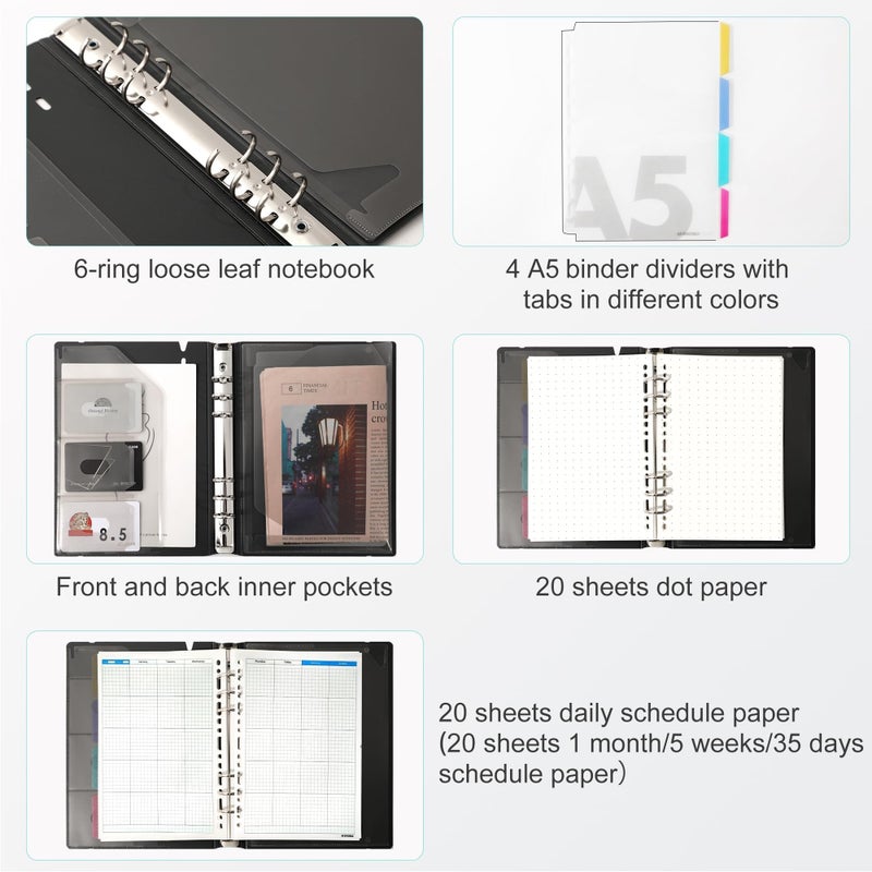 CAGIE CAGIE A5 Binder 6 Ring Binder Notebook with Dividers Refillable Planner Binder with Pockets, A5 Refill Paper Include Planning Square Ruled and Dotted Pages, 7 x 9.25 in, Dark Grey  - Image 4