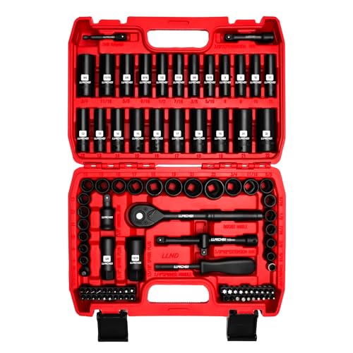 LLNDEI 3/8”Drive Impact Socket Set,Standard SAE(5/16 to 3/4-Inch) Metric Size(8-22mm), 95 Piece, CR-V Steel Deep&Shallow Kit, Adapters, Ratchet Handle, Screwdriver Bit Set, Spark Plug Socket, 6 Point - Image 1