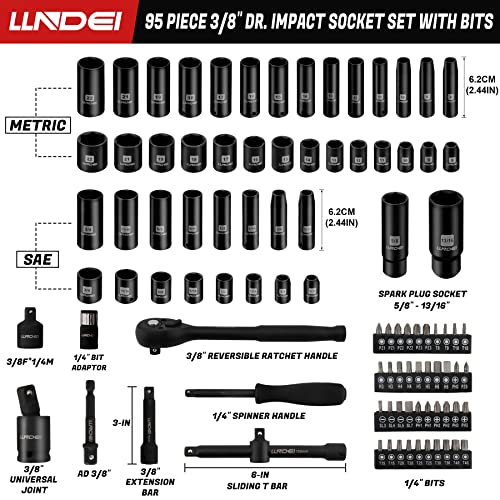 LLNDEI 3/8”Drive Impact Socket Set,Standard SAE(5/16 to 3/4-Inch) Metric Size(8-22mm), 95 Piece, CR-V Steel Deep&Shallow Kit, Adapters, Ratchet Handle, Screwdriver Bit Set, Spark Plug Socket, 6 Point - Image 2