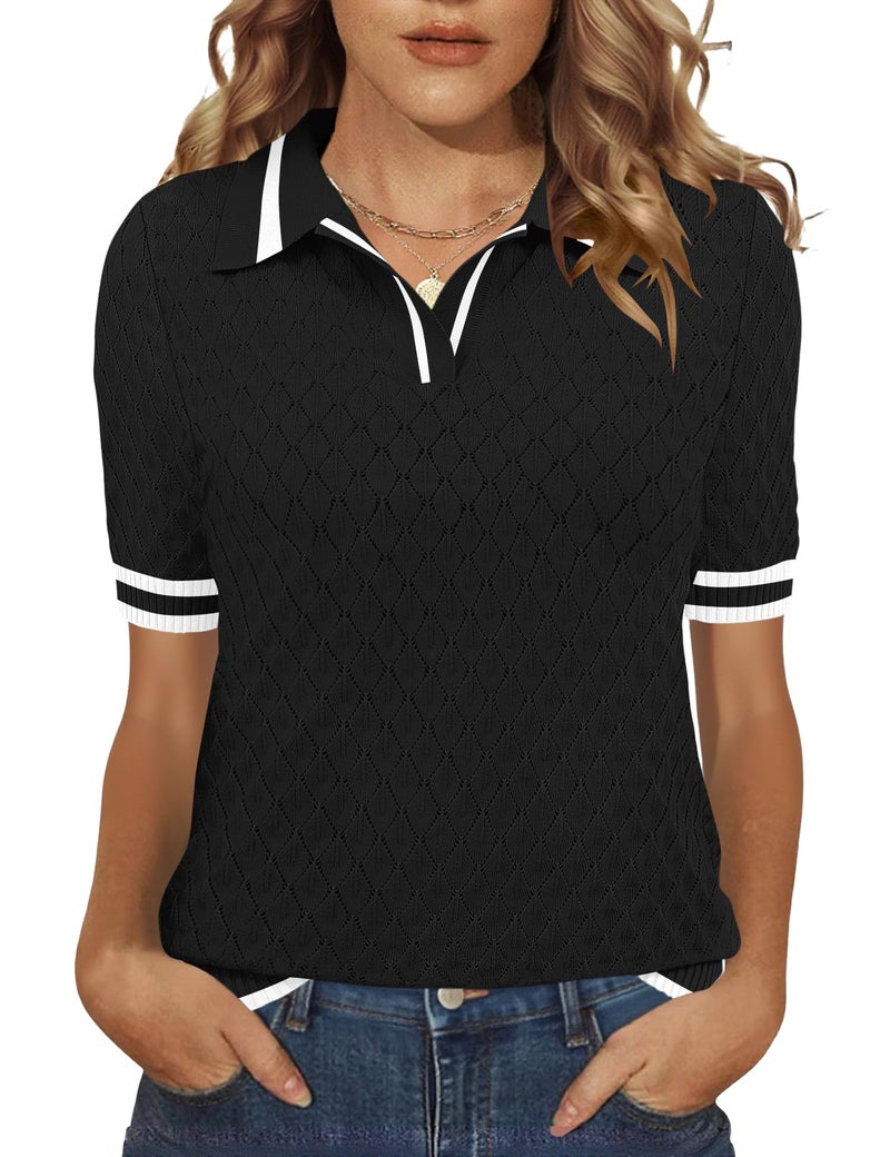 Rapbin Short Sleeve Sweater for Women Knit Casual Shirts Lightweight Polo V Neck Fashion Clothes(Black Block White, X-Large) - Image 1