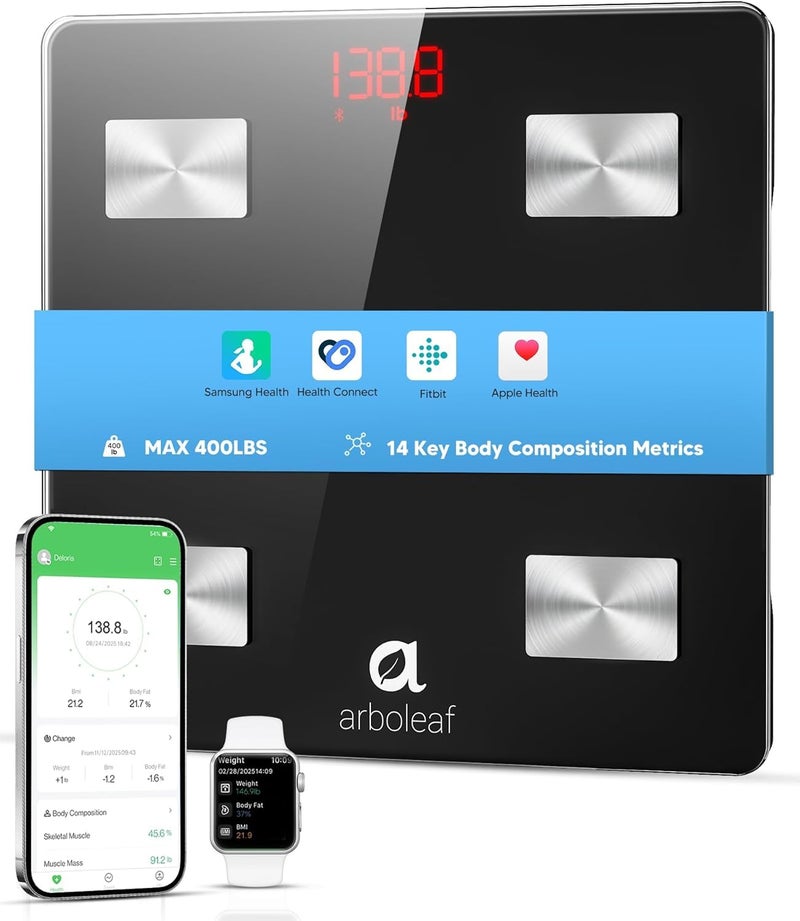 arboleaf Smart Scale for Body Weight and Fat, Bluetooth Digital Bathroom Scale, Body Composition Analyzer with App, 14 Metrics Include BMI, 400lb Capacity(Black) - Image 1