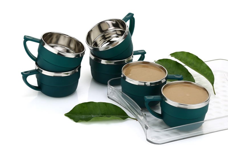HAPPI Tea Cups Set Coffee Mug Insulated Stainless Steel Inner Stylist Double Wall Cup for Home Office Restaurant Use Tea Mugs Set of 6 (Bottle Green) - Image 5