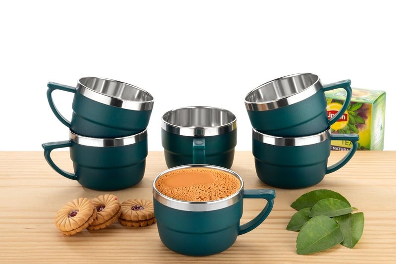 HAPPI Tea Cups Set Coffee Mug Insulated Stainless Steel Inner Stylist Double Wall Cup for Home Office Restaurant Use Tea Mugs Set of 6 (Bottle Green) - Image 2