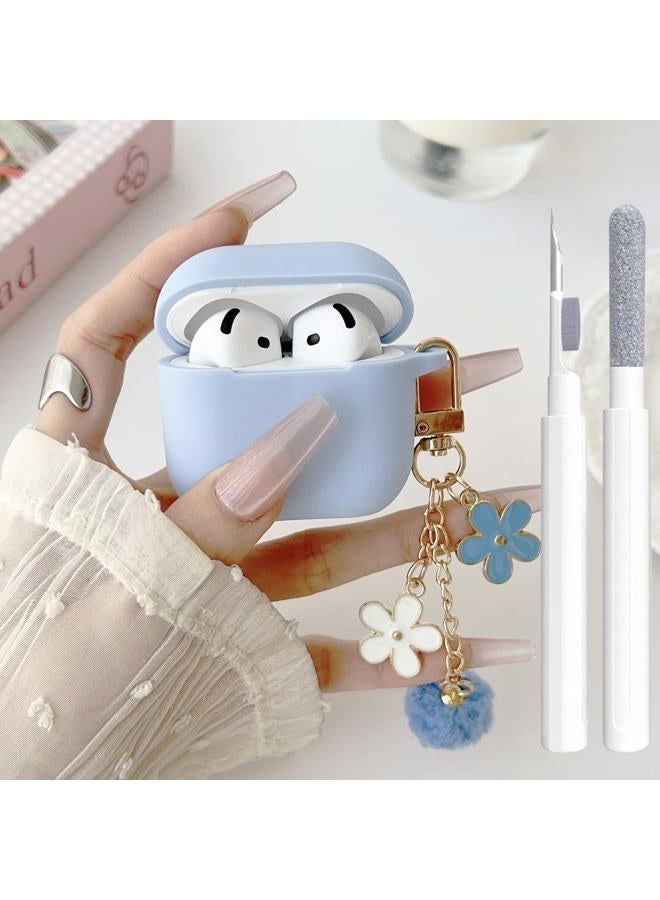 OTOPO Cute Sky Blue Case for Airpods 4 Cover for Girl Women with Pom pom Flower Charms Keychain & Cleaner Kit, Soft Silicone Airpods iPod 4th Gen Protective Cover Skin for Airpod 4 2024 - Image 1