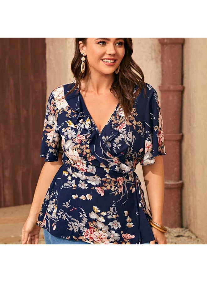 In Stock Plus Size Women's Top Lotus Leaf Sleeve Commuter Loose European, American And Middle East Plus Size Women's Top 