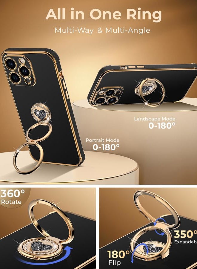 XYZ for iPhone 15 Pro Case with Stand, Phone Case with Double Ring Kickstand, Women Girls Bling Luxury Case Heart for iPhone 15 Pro, Black - Image 3