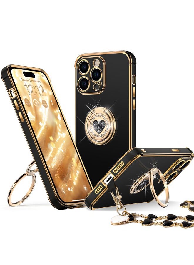 XYZ for iPhone 15 Pro Case with Stand, Phone Case with Double Ring Kickstand, Women Girls Bling Luxury Case Heart for iPhone 15 Pro, Black - Image 1