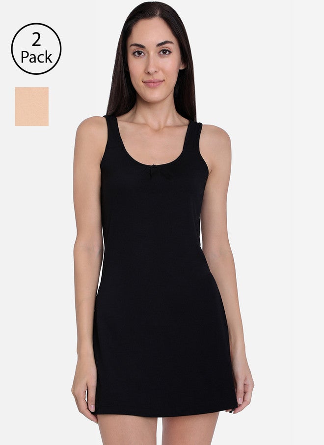 Red Rose Women Pack of 2 Solid Kurti-Slip Camisoles in Black and Beige - Image 1