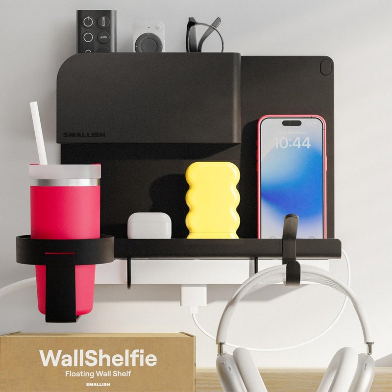 Smallish WallShelfie Bedside Wall Organizer & Bedside Shelf, Room Decor, Dorm Room Essential, Floating Bedside Shelf Wall Mount Organizer, Remote Control Holder, RV Accessories, Floating Shelves (Black) - Image 1