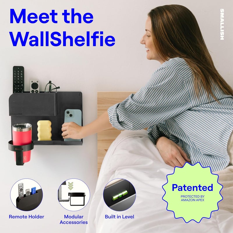 Smallish WallShelfie Bedside Wall Organizer & Bedside Shelf, Room Decor, Dorm Room Essential, Floating Bedside Shelf Wall Mount Organizer, Remote Control Holder, RV Accessories, Floating Shelves (Black) - Image 2