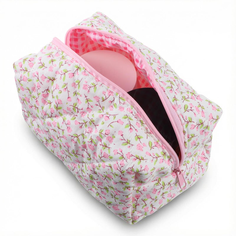 DOPENSPI Cute Floral Makeup Bag, Portable Quilted Pouch Travel Cosmetic Bag Cute Makeup Bags Toiletry Organizer Storage Case Gift for Women (Pink) - Image 1