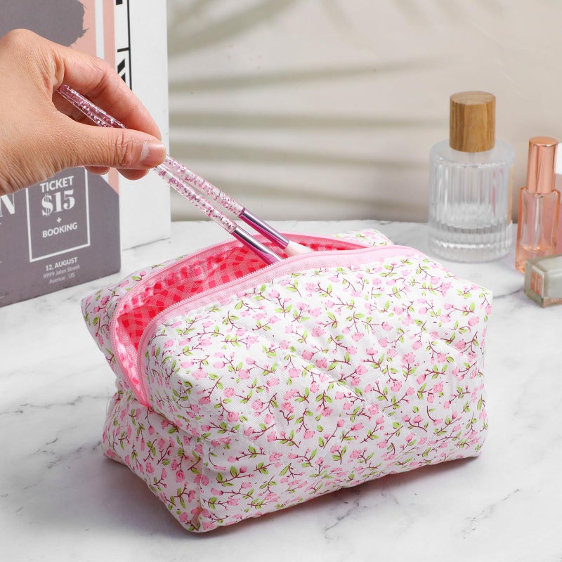 DOPENSPI Cute Floral Makeup Bag, Portable Quilted Pouch Travel Cosmetic Bag Cute Makeup Bags Toiletry Organizer Storage Case Gift for Women (Pink) - Image 3