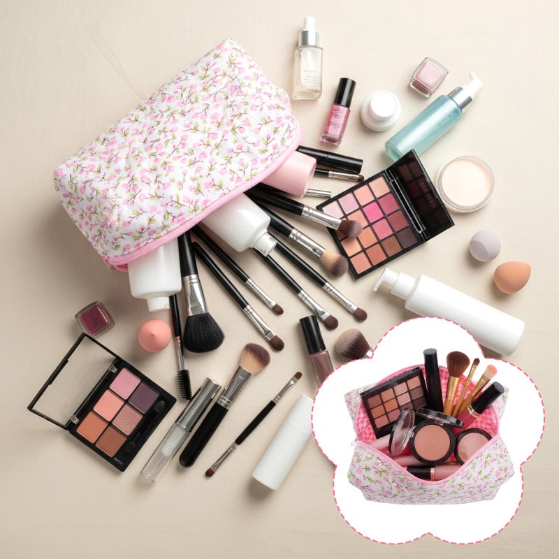 DOPENSPI Cute Floral Makeup Bag, Portable Quilted Pouch Travel Cosmetic Bag Cute Makeup Bags Toiletry Organizer Storage Case Gift for Women (Pink) - Image 2