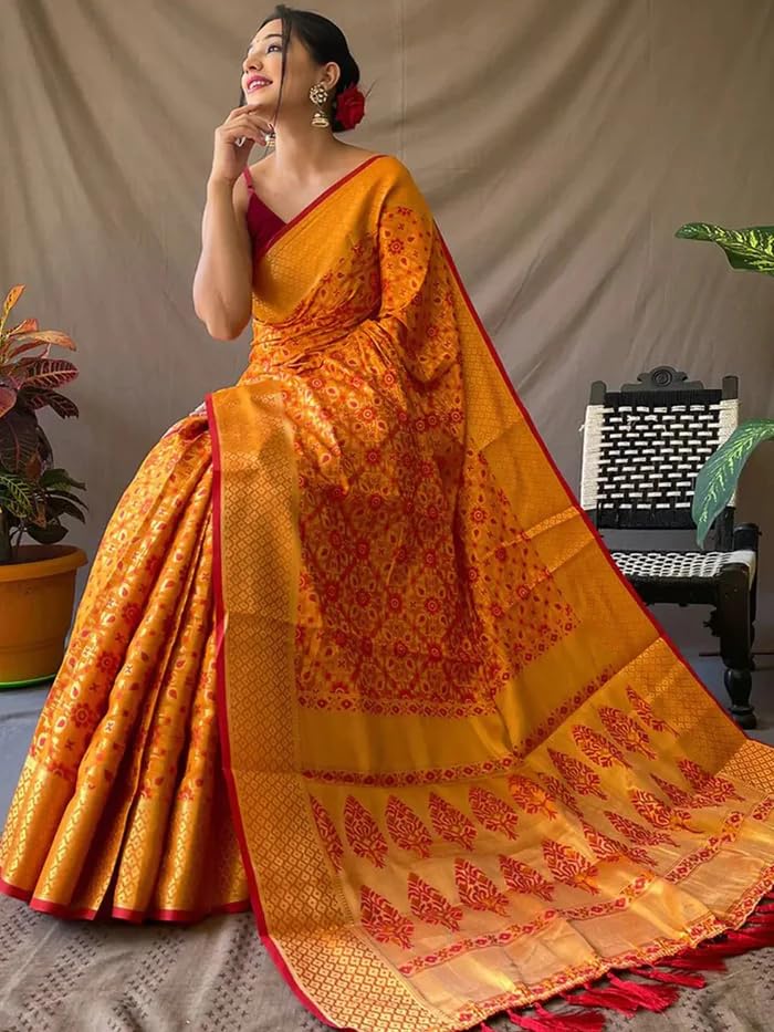 SGF11 Women's Kanjivaram patola Soft Lichi Silk Sarees With Unstitched Blouse Piece (Yellow) - Image 4