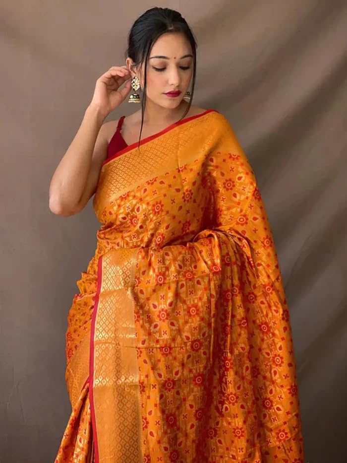 SGF11 Women's Kanjivaram patola Soft Lichi Silk Sarees With Unstitched Blouse Piece (Yellow) - Image 3