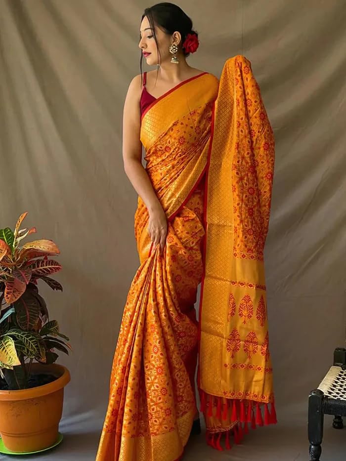 SGF11 Women's Kanjivaram patola Soft Lichi Silk Sarees With Unstitched Blouse Piece (Yellow) - Image 2