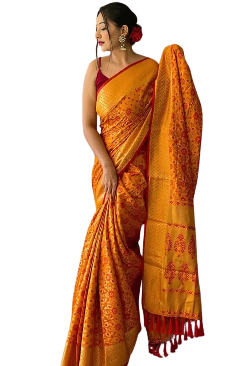 SGF11 Women's Kanjivaram patola Soft Lichi Silk Sarees With Unstitched Blouse Piece (Yellow) - Image 5