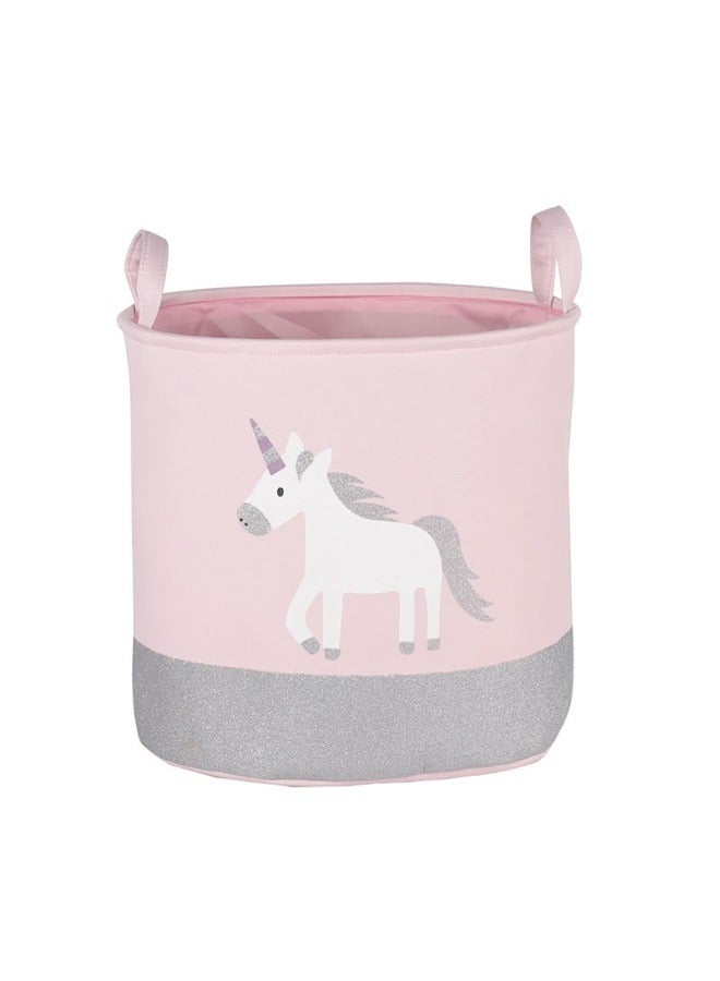 Unicorn Printed Storage Basket Pink/Grey/White 40x33x40cm，Premium Unicorn Round Storage Basket Small Storage Bins for Kids, Shelves, Organizing, Baby Toy Organizers and Nursery Storage  - Image 1