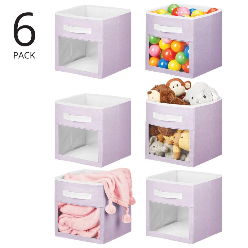 mDesign Fabric Nursery/Playroom Closet Storage Organizer Bin Box with Front Handle/Window for Cube Furniture Shelving Units, Hold Toys, Clothes, Diapers, Bibs, Jane Collection, 6 Pack, Lt Purple/White - Image 1