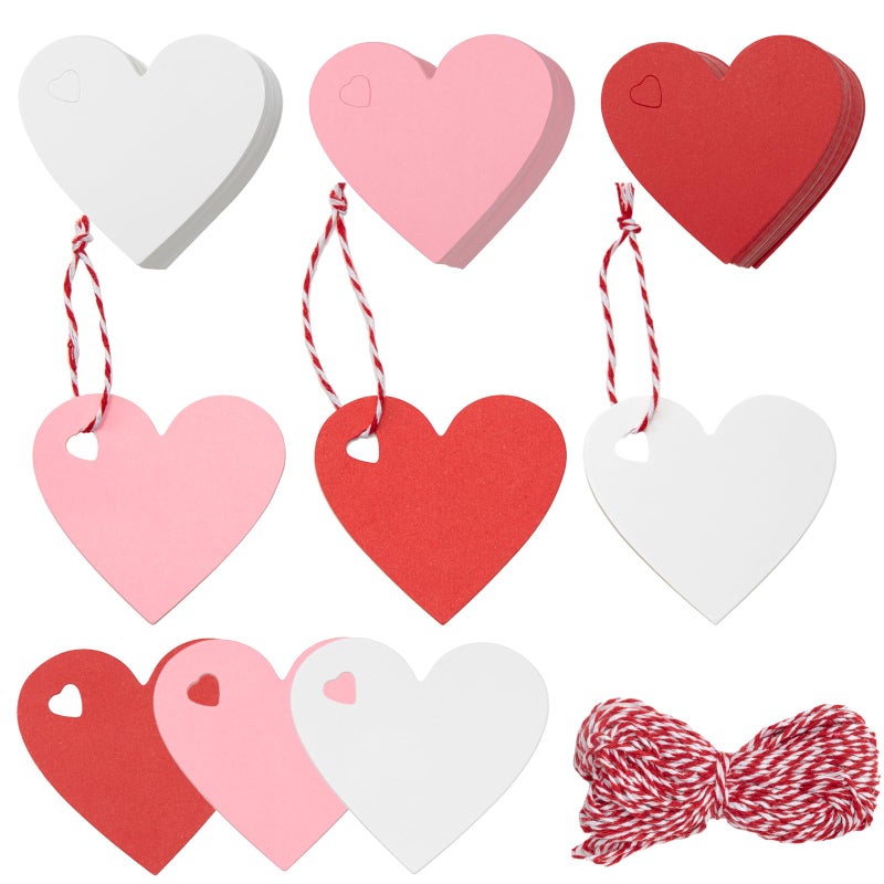 Jocomoni 150pcs Heart Shaped Gift Tags, Pink White Red Heart Paper Kraft Gift Hanging Tags with String for Valentine's Day Mother's Day Wedding Party Supply Home Decoration - Image 1