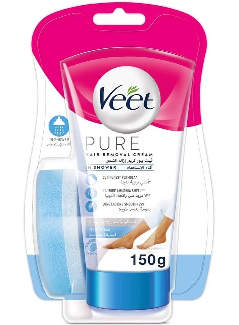 Veet Pure In Shower Hair Removal Cream, No More Ammonia Smell, Suitable for Sensitive Skin, 150 g