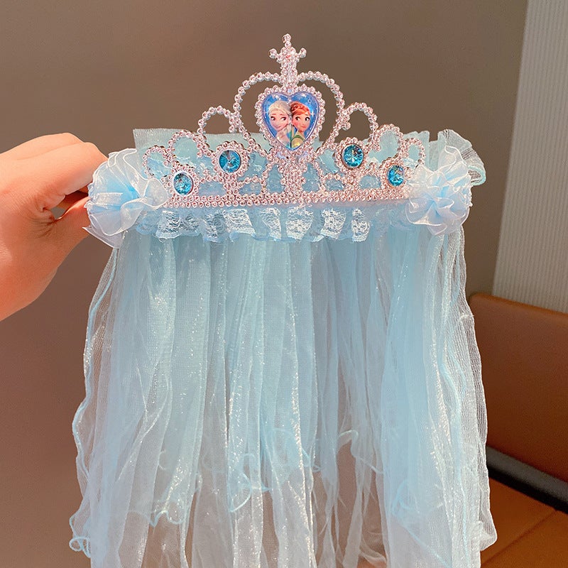 Generic Frozen Elsa Tiara Veil Princess Crown Kids Birthday Headwear 1# Blue Crown Aisha