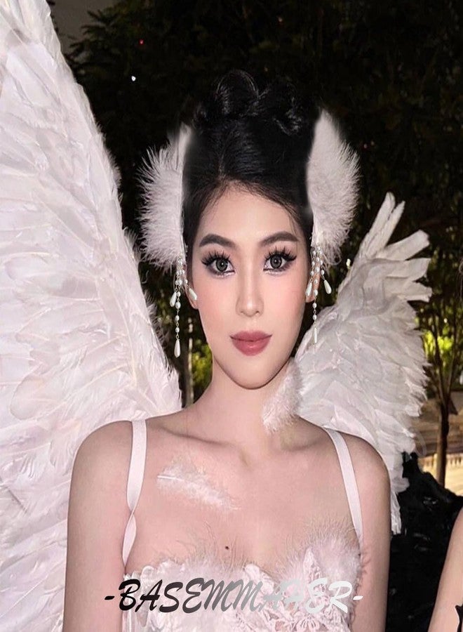 BASEMMAHER 2 Pack White Fluffy Plush Hair Clip with Pearl Tassels Ballet Style Swan Hairpins Accessories for Women Girls Wedding Birthday Halloween Christmas Party Performance Headpiece - Image 4