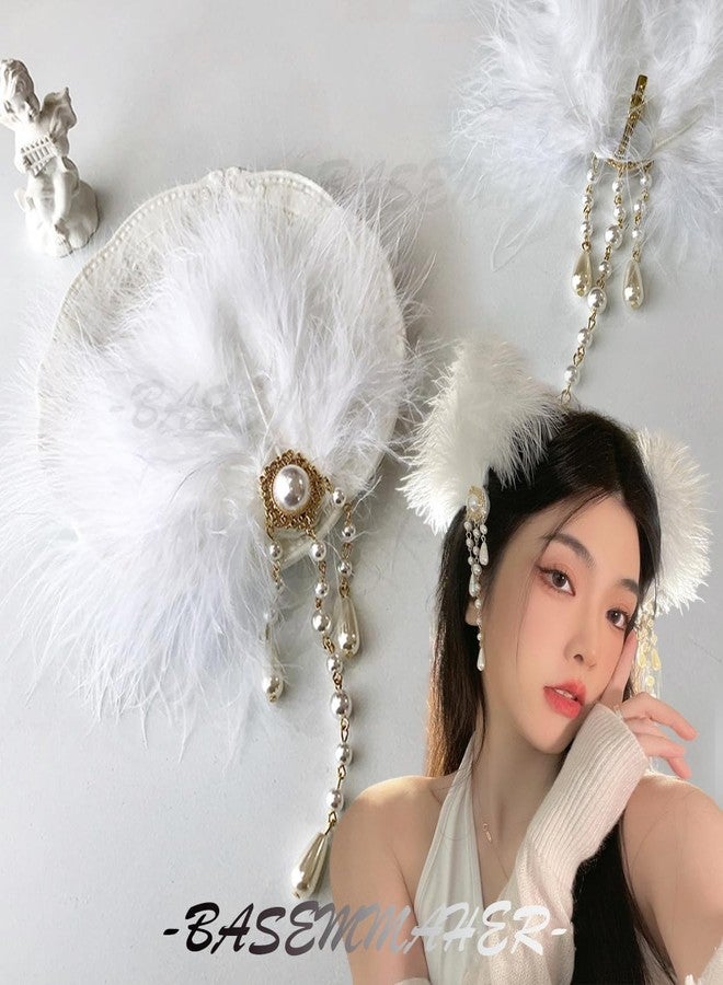 BASEMMAHER 2 Pack White Fluffy Plush Hair Clip with Pearl Tassels Ballet Style Swan Hairpins Accessories for Women Girls Wedding Birthday Halloween Christmas Party Performance Headpiece - Image 2
