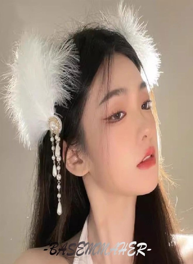 BASEMMAHER 2 Pack White Fluffy Plush Hair Clip with Pearl Tassels Ballet Style Swan Hairpins Accessories for Women Girls Wedding Birthday Halloween Christmas Party Performance Headpiece - Image 5