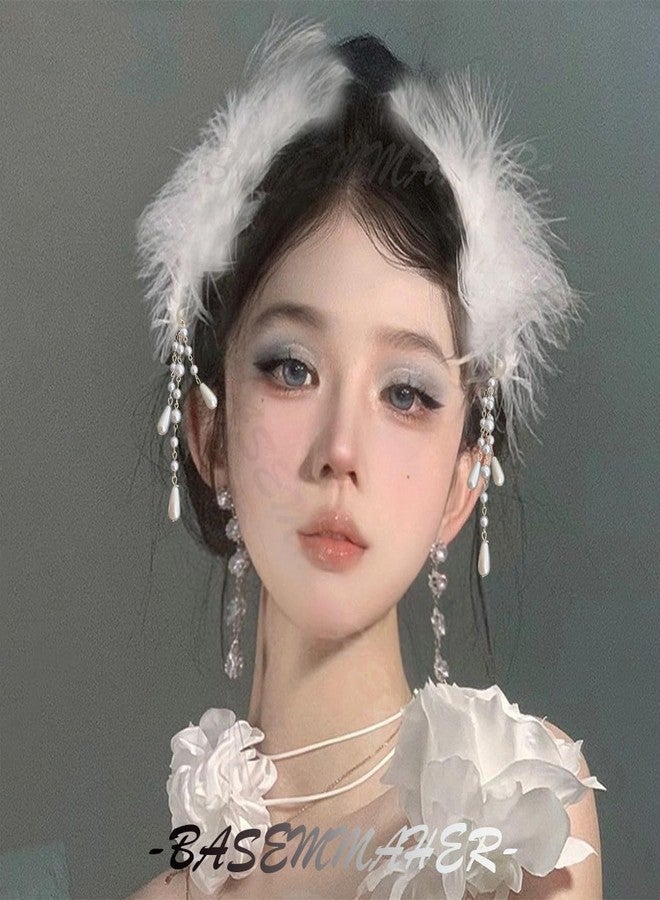 BASEMMAHER 2 Pack White Fluffy Plush Hair Clip with Pearl Tassels Ballet Style Swan Hairpins Accessories for Women Girls Wedding Birthday Halloween Christmas Party Performance Headpiece - Image 3