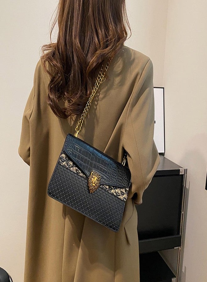 حقيبة كتف جيمو للنساء، حقيبة يد، حقيبة كروسبودي بنقشة جلد النمر، مصنوعة من جلد البولي يوريثان (أسود) - Image 5