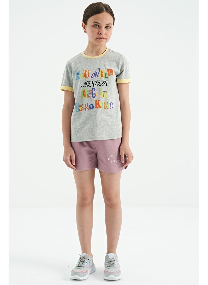 Tommy Life - Gray Melange Colored Text Detailed O Neck Comfortable Form Girls T-Shirt - 75109 - Image 1