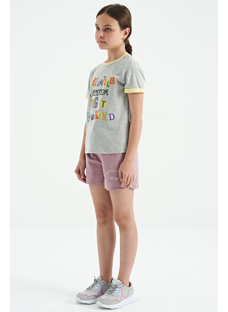 Tommy Life - Gray Melange Colored Text Detailed O Neck Comfortable Form Girls T-Shirt - 75109 - Image 1