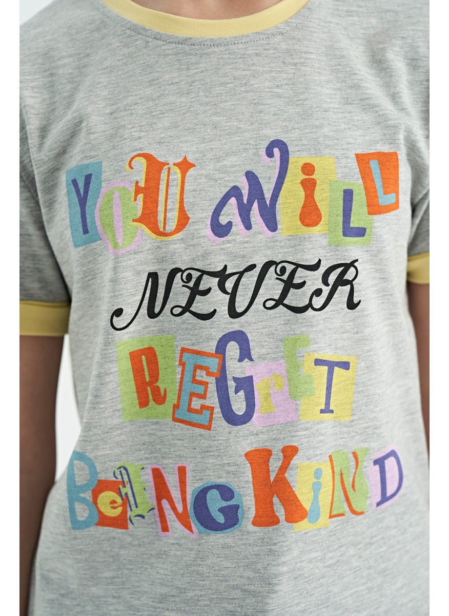 Tommy Life - Gray Melange Colored Text Detailed O Neck Comfortable Form Girls T-Shirt - 75109 - Image 1