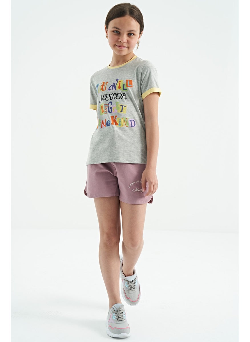 Tommy Life - Gray Melange Colored Text Detailed O Neck Comfortable Form Girls T-Shirt - 75109 - Image 1