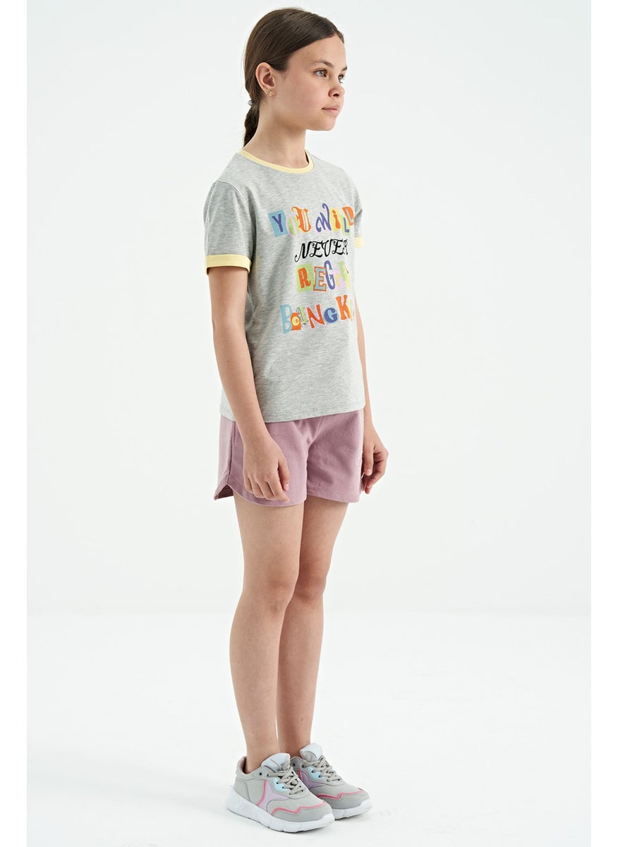 Tommy Life - Gray Melange Colored Text Detailed O Neck Comfortable Form Girls T-Shirt - 75109 - Image 1