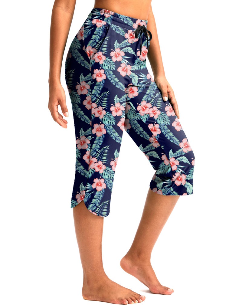 Pudolla Women's Swim Capris 18" Quick Dry UPF50+ Swimsuit Pants Long Board Shorts for Women with Pockets (Navy Flower X-Large) - Image 1