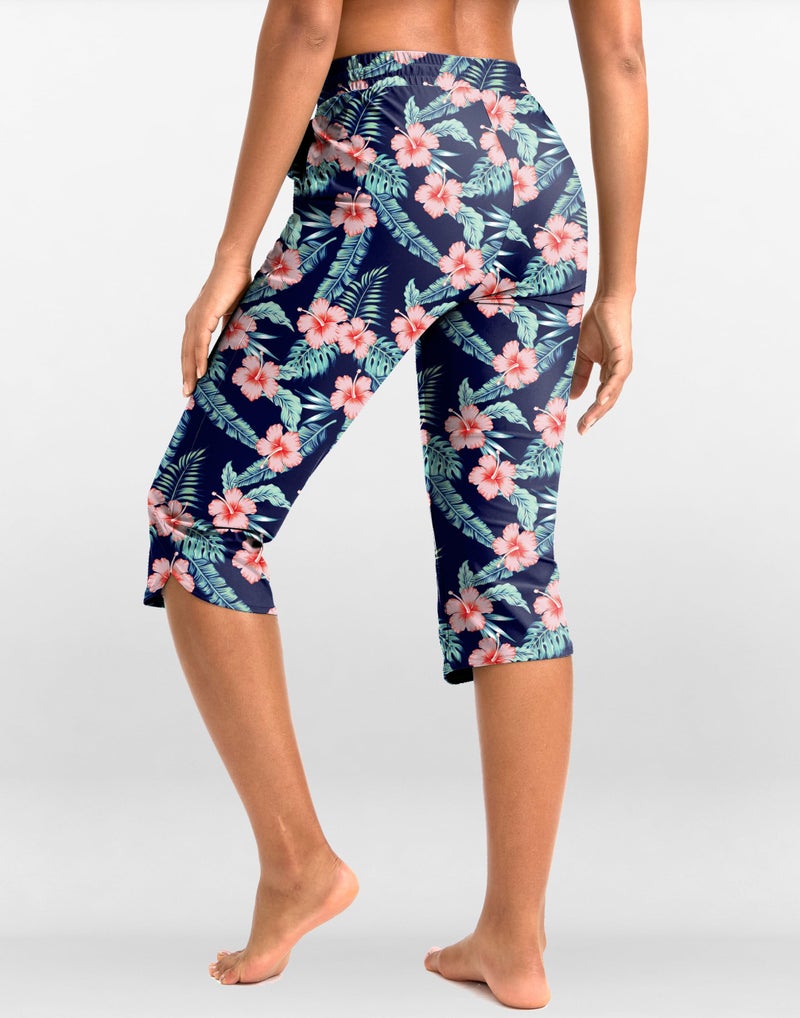 Pudolla Women's Swim Capris 18" Quick Dry UPF50+ Swimsuit Pants Long Board Shorts for Women with Pockets (Navy Flower X-Large) - Image 2
