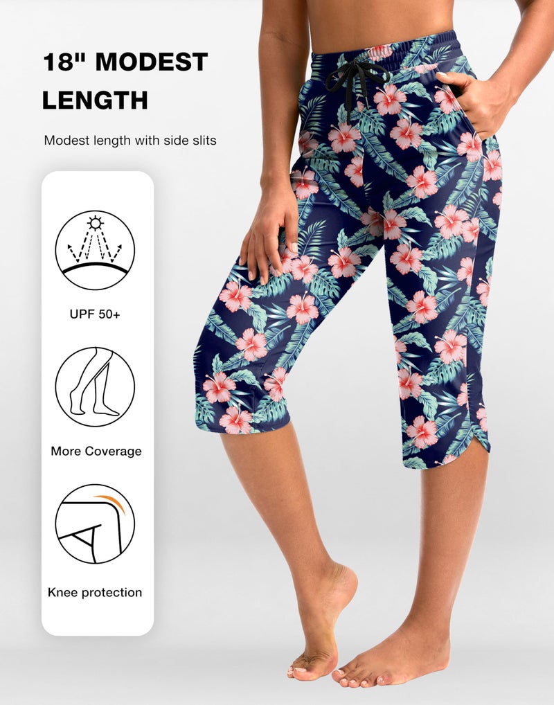 Pudolla Women's Swim Capris 18" Quick Dry UPF50+ Swimsuit Pants Long Board Shorts for Women with Pockets (Navy Flower X-Large) - Image 3