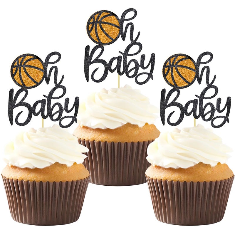 Moitkptt 24Pcs Basketball Oh Baby Cupcake Toppers for Basketball Baby Shower Birthday Decorations  Basketball Baby Shower Cupcake Toppers for Basketball Theme Party Decorations (Oh Baby)  BAK001 - Image 1